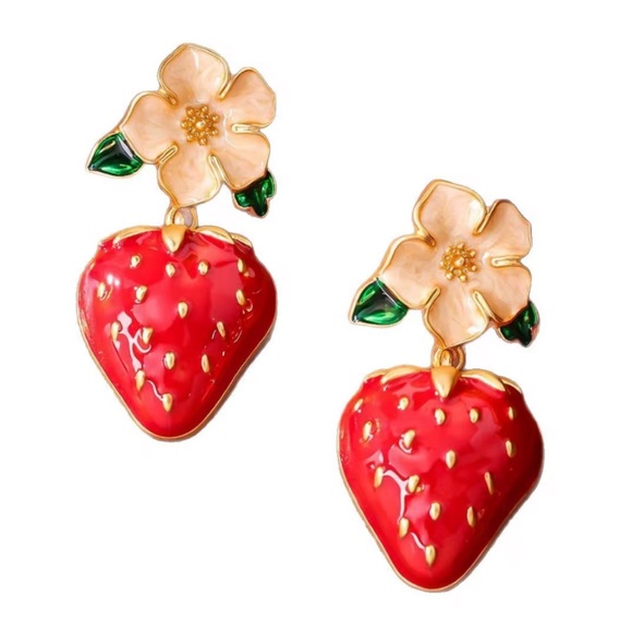 ♠️ KATE SPADE NEW YORK Gold Pendant Earrings With White Flower/Strawberry. - Picture 2 of 10
